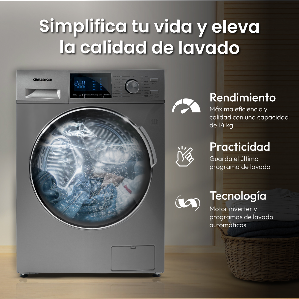 Lavadora Secadora Challenger 14 Kg Lavado y 8 Kg De Secado carga frontal panel digital gris 120 V - Imagen 9