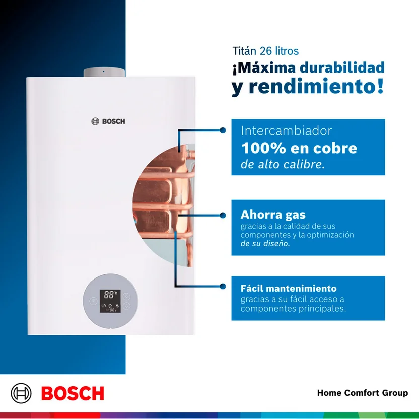 Calentador de paso Bosch 26 litros Tiro Forzado Digital Gas Natural Titán 5700 - Imagen 2