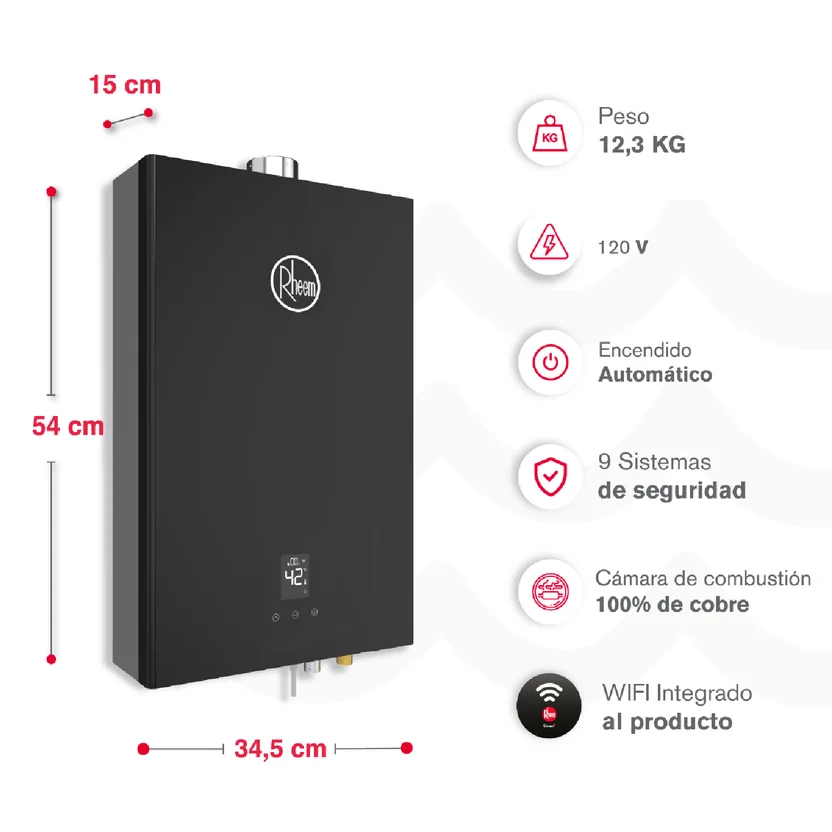 Calentador de paso Rheem 10 Litros Tiro Forzado Gas Natural Panel Digital Wifi - Imagen 2